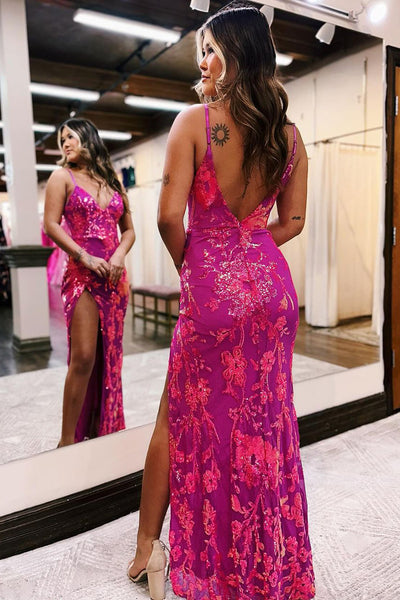 Fuchsia Sequins Lace V Neck Mermaid Long Prom Dress VK23123106