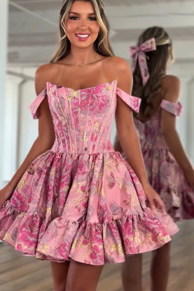 A Line Off the Shoulder Pink Jacquard Satin Short Homecoming Dress VK26060901