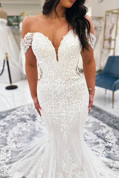 Bohemian Mermaid Off the Shoulder Lace Beach Wedding Dresses VK25051003