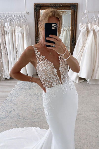 Mermaid V Neck White Satin Wedding Dresses with Lace Appliques VK23081313