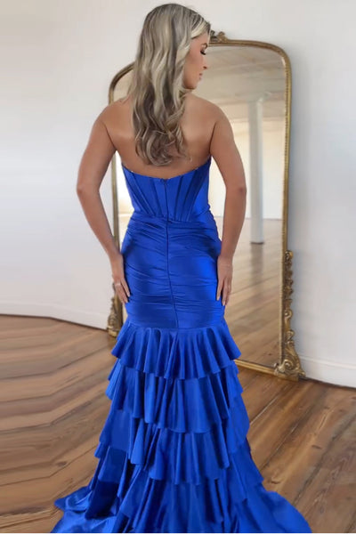 Royal Blue Mermaid Sweetheart Corset Satin Ruffled Tiered Long Prom Dress with Slit VK022503