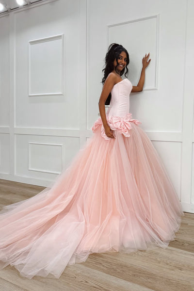 Chamring A-Line Strapless Blush Pink Tulle Long Prom Dresses VKPD009