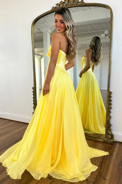 A Line Strapless Light Blue Chiffon Long Prom Dress with Slit VK22804