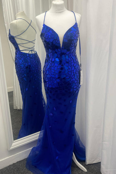 Cut Glass Mirror V-Neck Lace-Up Long Formal Dress with Slit VK23092608