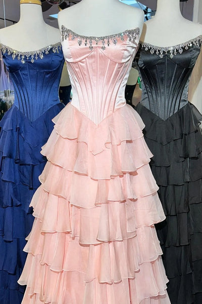 Charming A-Line Strapless Green Chiffon Tiered Long Prom Dresses with Slit VK26010602