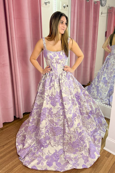 Gorgeous A Line Square Neck Lavender Jacquard Satin Long Prom Dress with Beading VK25121004