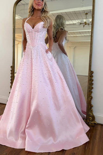 Gorgeous A Line V Neck Pink Long Prom Dress with Beading VK011707