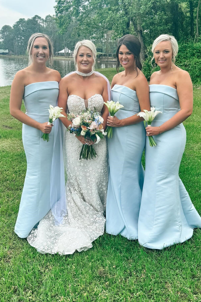 Simple Sheath Strapless Light Blue Satin Bridesmaid Dress VK24122401 Vickidress Simple Sheath Strapless Light Blue Satin Bridesmaid Dress VK24122401 Vickidress