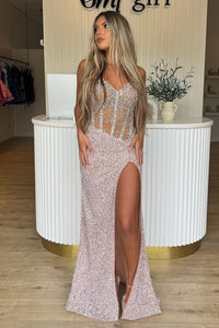 Sparkly Mermaid V Neck Pink Sequins Long Prom Dresses with Beading VK24092801