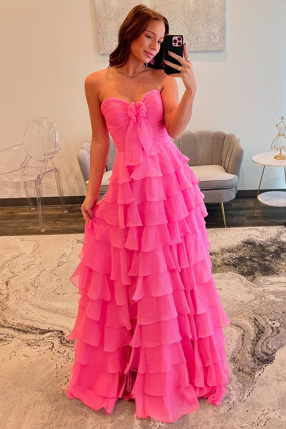 Cute A Line Sweetheart Pink Chiffon Tiered Slit Prom Dresses with Bow