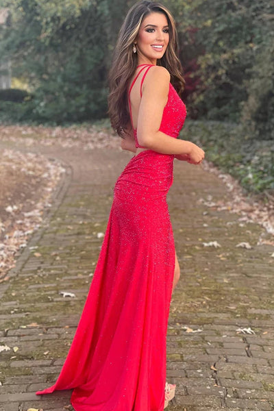 Sheath One Shoulder Red Long Prom Dress with Beading VK23101001