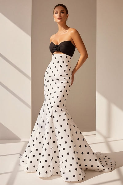 White Sweetheart Polka Dots Satin Mermaid Long Formal Prom Dresses With Flower