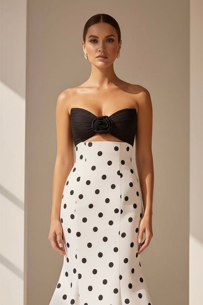 White Sweetheart Polka Dots Satin Mermaid Long Formal Prom Dresses With Flower
