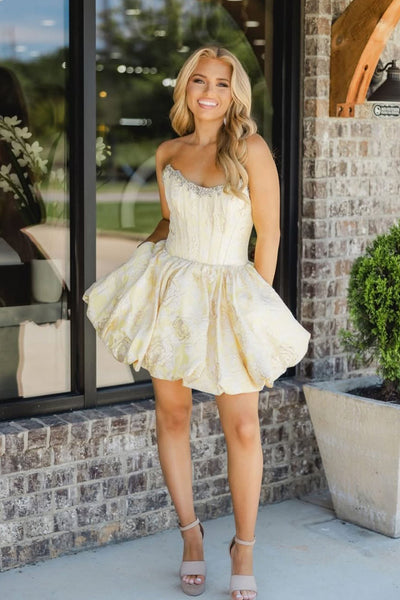 Sweet A Line Strapless Jacquard Satin Homecoming Dress with Pockets VK26062806