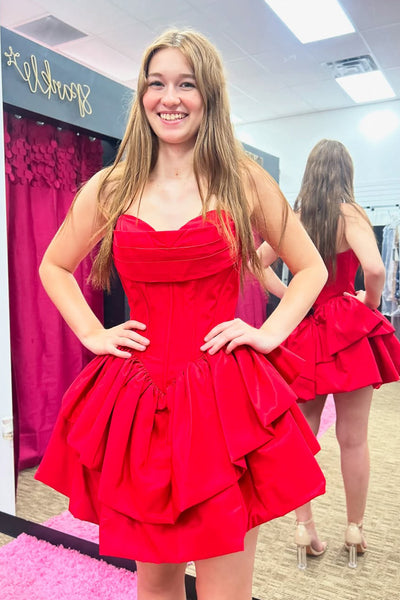 Red Sweetheart Satin Ruffle Tiered  A-Line Corcet Short Homecoming Dresses VK25091707