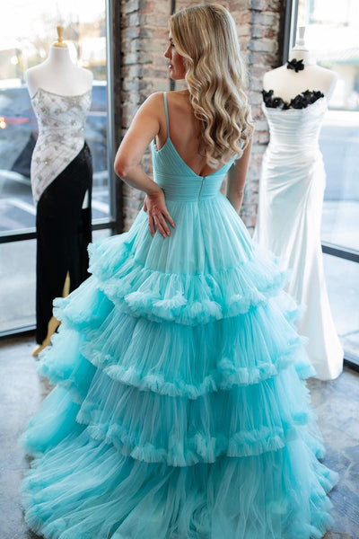 Charming A-Line V Neck Ruffle Tiered Tulle Long Prom Dresses VK24021103