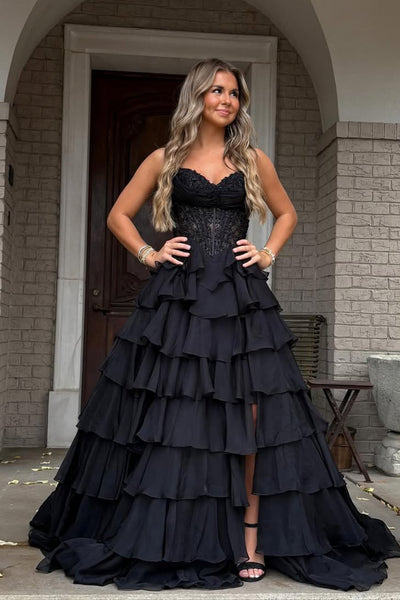 Gorgeous A Line Sweetheart Neck Black Chiffon Tiered Prom Dress with Slit VK25112304
