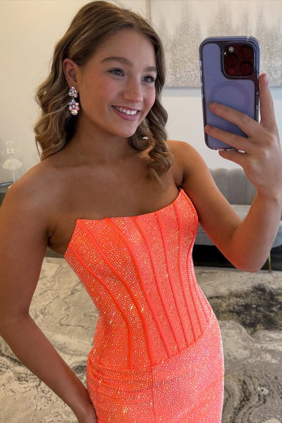 Sparkly Mermaid Scoop Neck Orange Satin Prom Dress with Hot Stone VK5111206