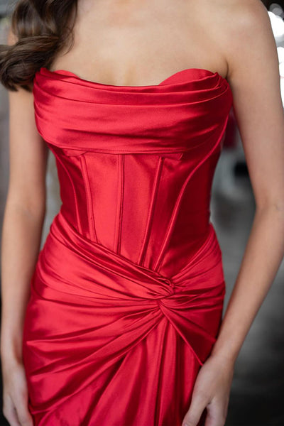 Red Strapless Satin Mermaid Long Prom Dresses with Slit VK24031405
