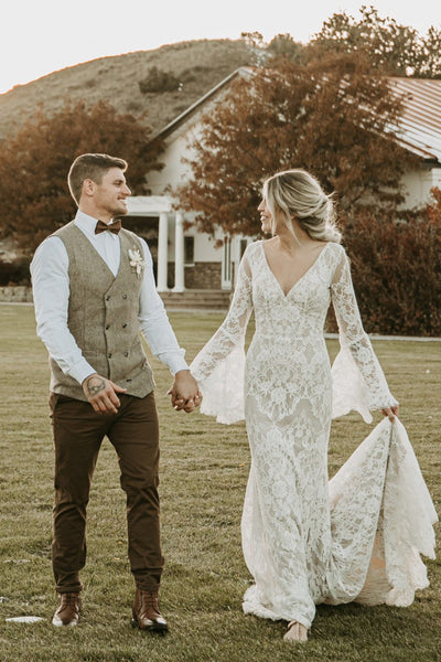 Boho Mermaid V Neck Lace Wedding Dresses with Appliques VK25051103