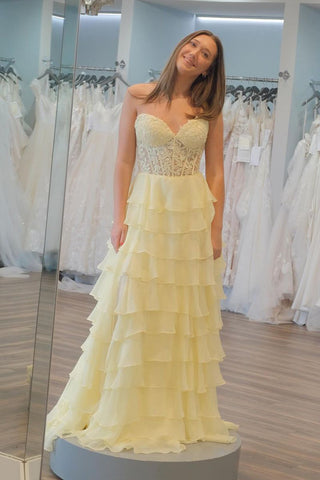 Yellow Sweetheart Tiered A-Line Long Prom Dress with Appliques VK23121701