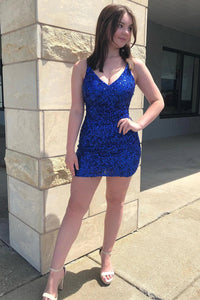 Sheath Spaghetti Straps Royal Blue Sequins Short Cocktail Dress VK23062105