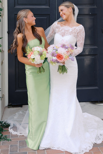 Sheath Strapless Sage Green Satin Long Bridesmaid Dresses VK26081307
