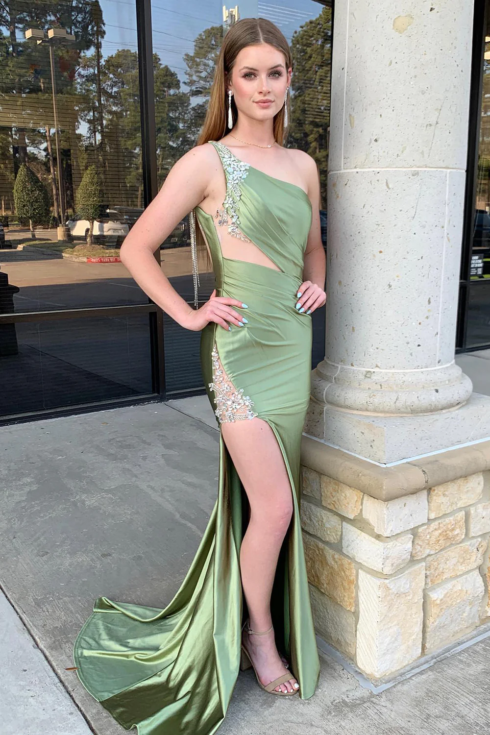 Elegant Mermaid One-Shoulder Sage Beaded Satin Prom Dress with Slit
