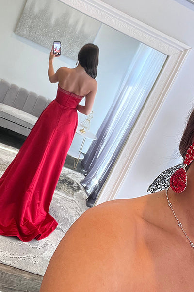 A-Line Sweetheart Keyholes Red Satin Long Prom Dresses with Pockets VK26010503