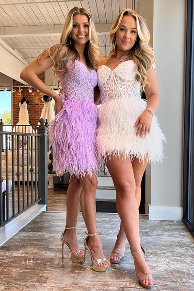 Cute Sweetheart Ivory Feather Short Homecoming Dresses with Appliques VK23061806