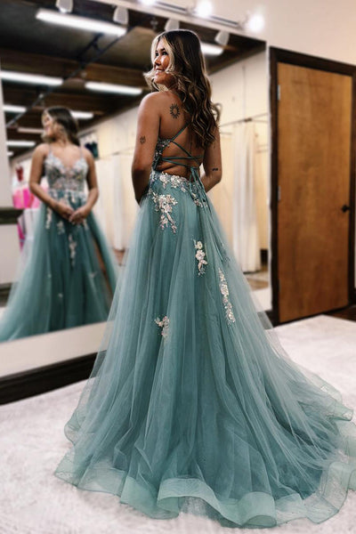 Cute A Line V Neck Sparkly Dusty Blue Tulle Prom Dress with Beading