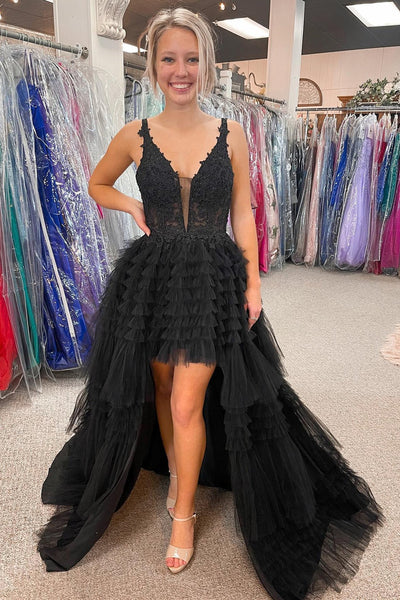 High-Low Tulle Plunge V Tiered Formal Gown with Ruffles VK23093008