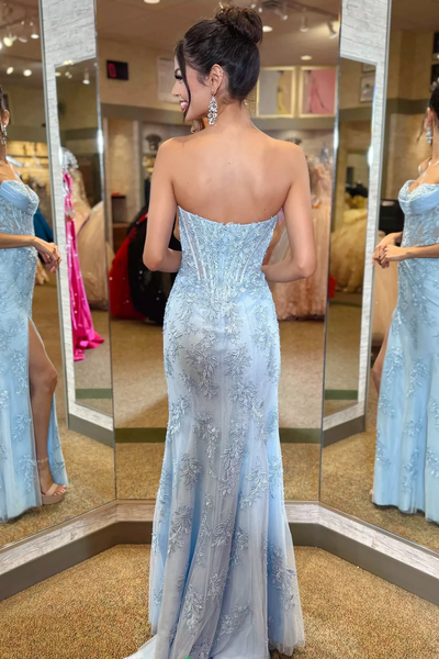 Mermaid Sweetheart Yellow Lace Appliques Long Prom Dresses with Slit VK26011401