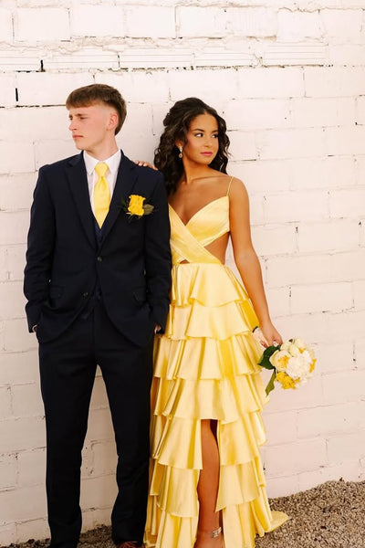 Cute A Line V Neck Yellow Tiered Satin Prom Dress VK25052510