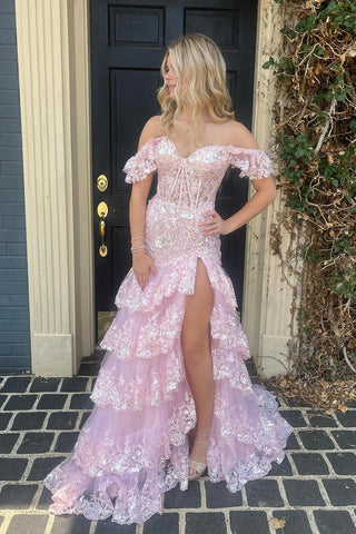 Pink A-Line Off the Shoulder Sparkly Tulle Long Prom Dresses with Slit VK23091010