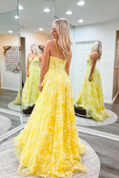 Yellow A-Line Tulle Appliques Long Prom Dresses VK23091506