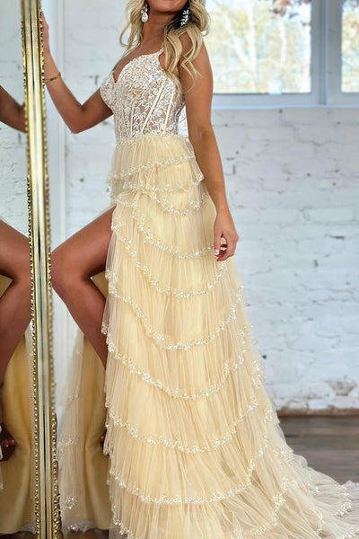 Glitter Beige Corset Tiered Long Tulle Prom Dress with Slit VK23122003