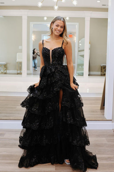 Black Sweetheart Tiered Sequin Lace Long Prom Dresses VK24010701