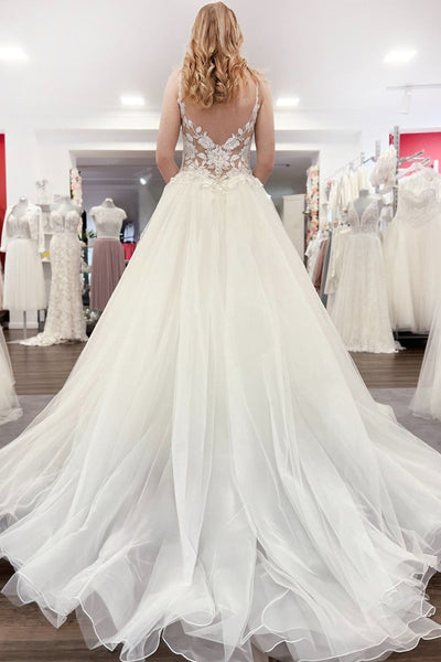 Fairy Ball Gown V Neck Tulle Wedding Dresses with Appliques VK073197
