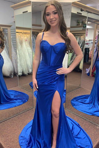 Royal Blue Sweetheart Satin Mermaid Long Prom Dresses with Slit VK24022205
