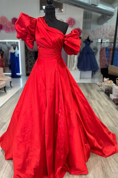 Ball Gown One Shoulder Fuchsia Satin Prom Dresses