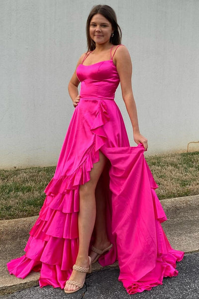 Fairy A Line Scoop Neck Ruffled Satin Tiered Prom Dresses with Slit