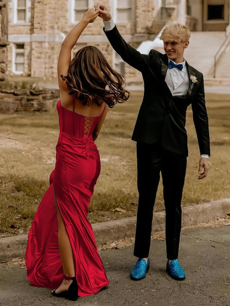 Blue Satin Mermaid Long Formal Dress with Slit