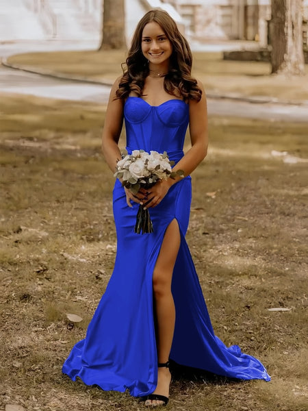 Blue Satin Mermaid Long Formal Dress with Slit