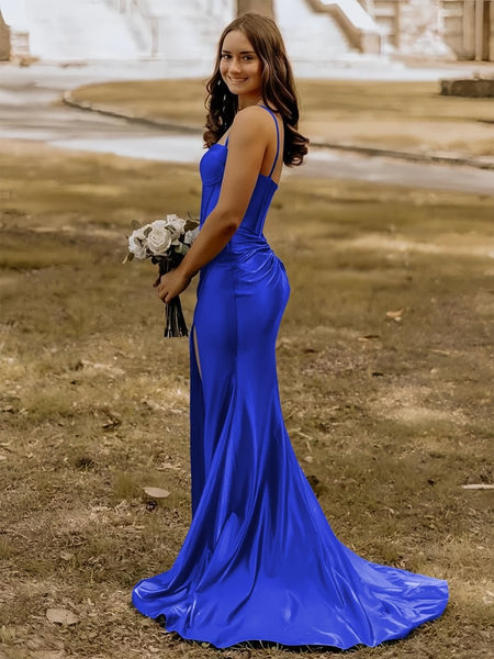 Blue Satin Mermaid Long Formal Dress with Slit
