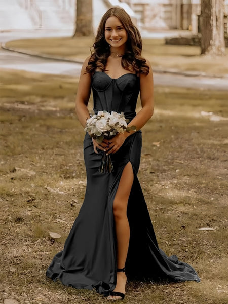 Blue Satin Mermaid Long Formal Dress with Slit