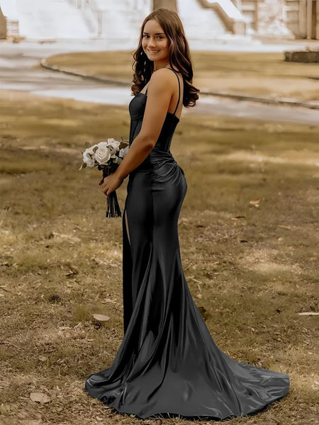 Blue Satin Mermaid Long Formal Dress with Slit