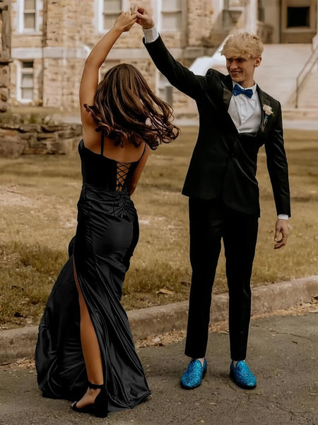 Blue Satin Mermaid Long Formal Dress with Slit