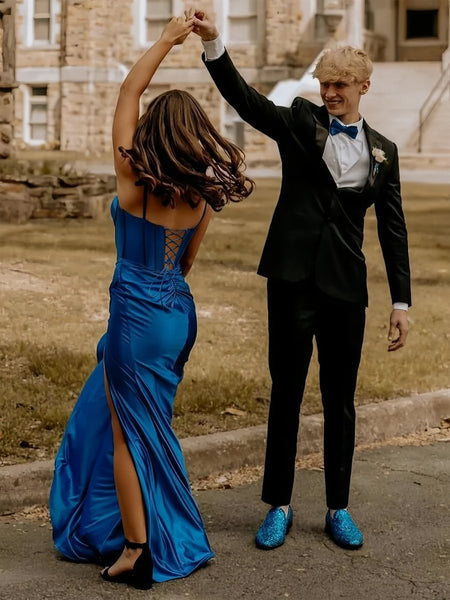 Blue Satin Mermaid Long Formal Dress with Slit