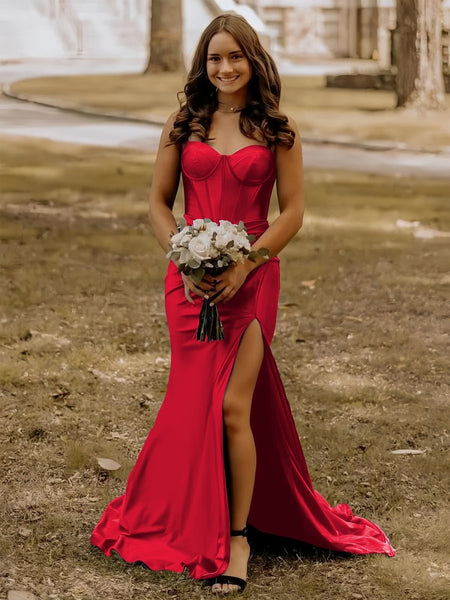 Blue Satin Mermaid Long Formal Dress with Slit